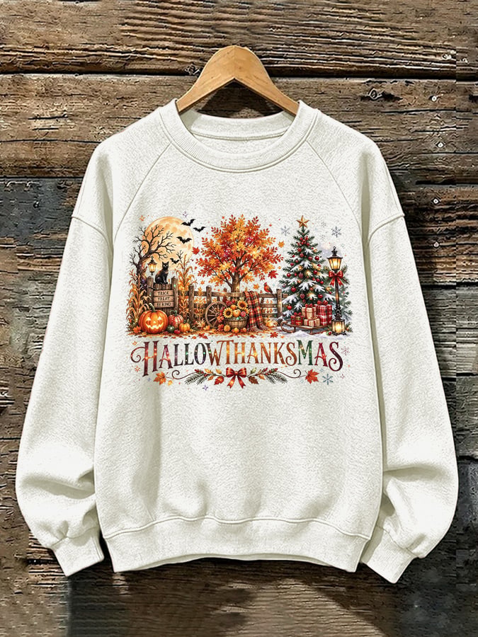 Retro Happy Hallothanksmas Halloween Thanksgiving Christmas Print Sweatshirt