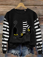 Women's Witch And Cat Print Crew Neck Sweatshirt