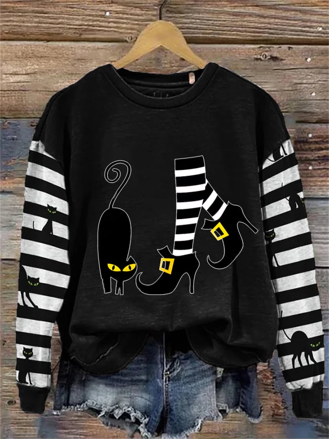 Women's Witch And Cat Print Crew Neck Sweatshirt
