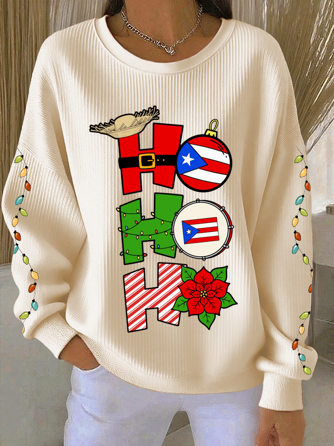 Women's Puerto Rican Christmas Print Knit Crew Neck Long Sleeve Top