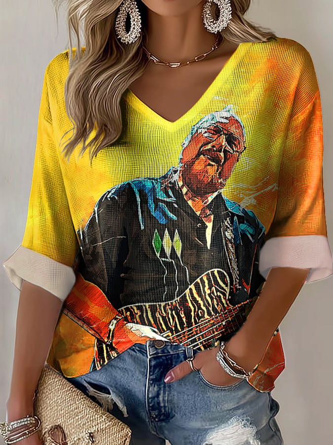 V-Neck Retro Steve Print T-Shirt