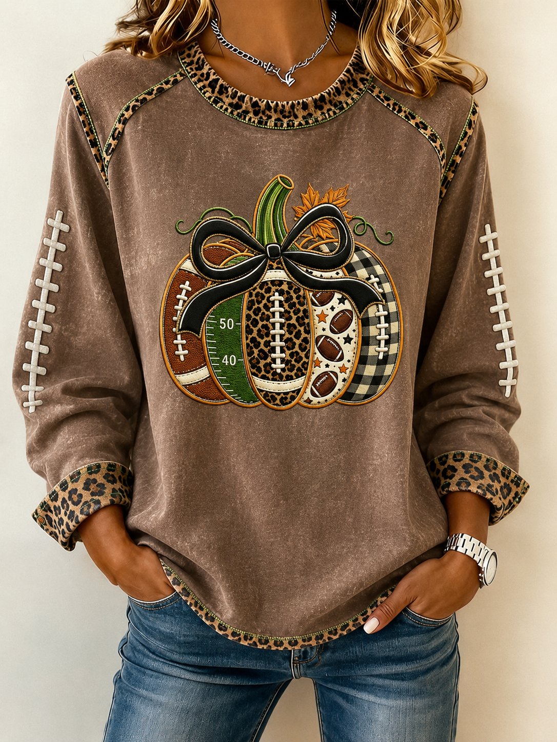 Women's Football Inspired Fall Pumpkin Print Sweatshirt