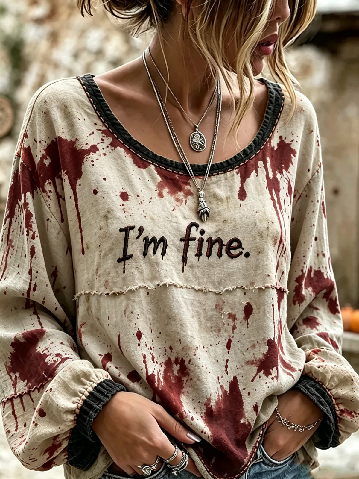 Women's Retro I'm fine Bloodstain Print Long-Sleeve T-Shirt