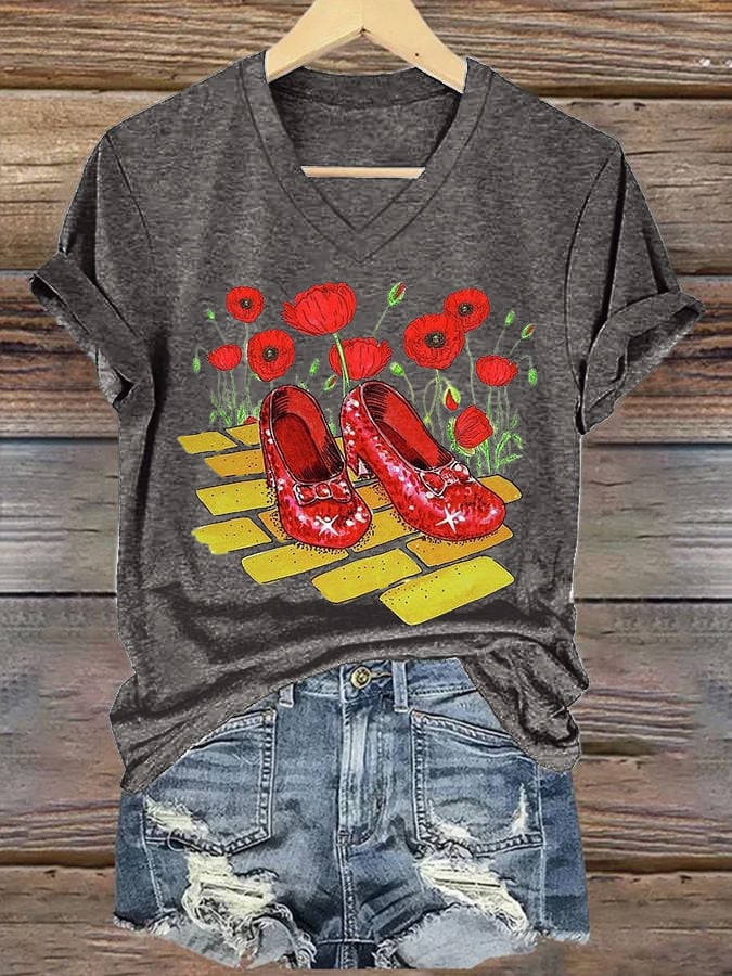 Women's Halloween Red Shoes Printed Casual T-Shirts
