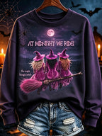Halloween Midnight Witch Broomstick Print Vintage Crewneck Sweatshirt