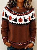 Women's Vintage Halloween Pumpkin and Cat Print Knit Top