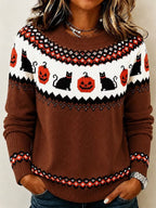 Women's Vintage Halloween Pumpkin and Cat Print Knit Top