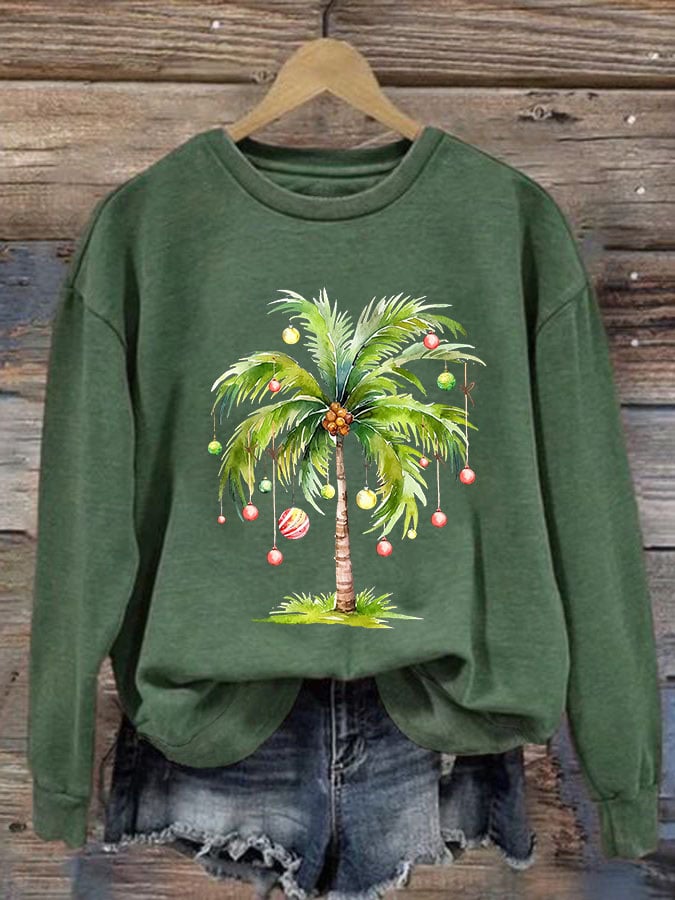 Women'S Casual Christmas Palm Tree Printed Long Sleeve Sweatshirt
