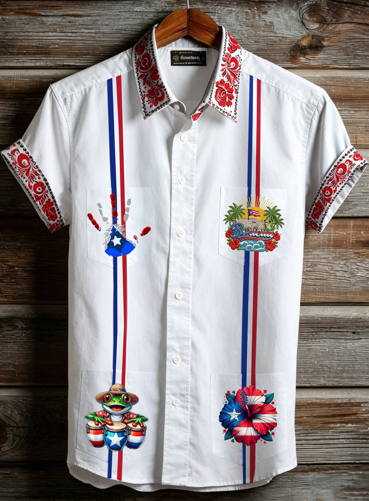 Men's Puerto Rico Print Casual Shirt with Multi-Pocket Design