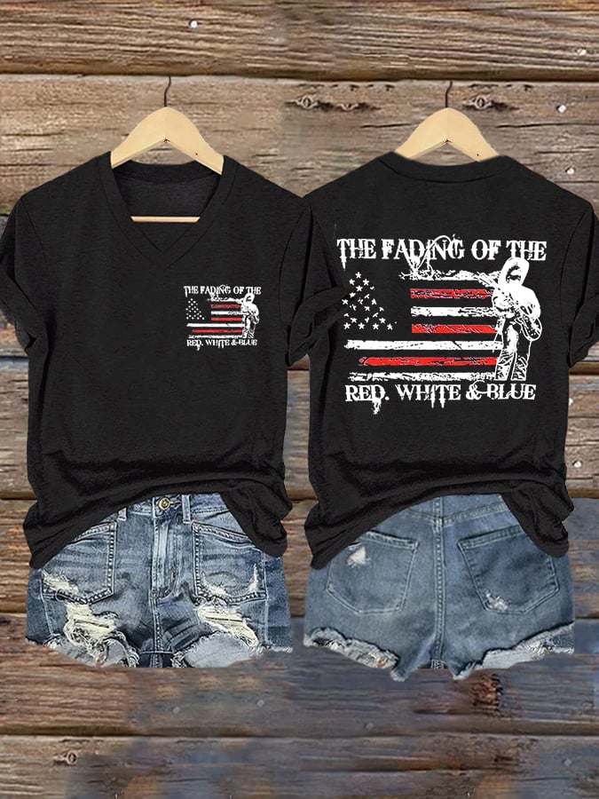 V-Neck The Fading of the Red White and Blue Print T-Shirt