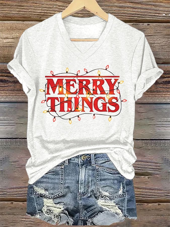 V-Neck Retro Merry Christmas Merry Things Print T-Shirt