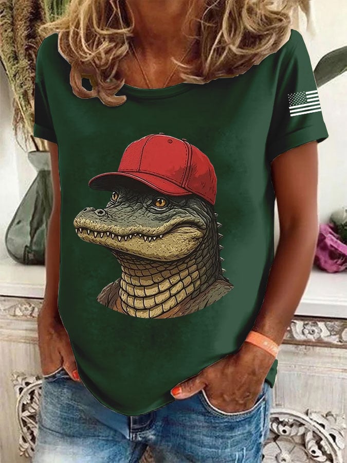 Women's Alligator Alcatraz Printed Round Neck T-Shirt