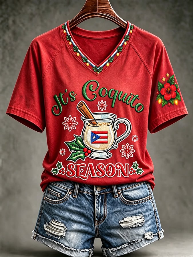 Women's Puerto Rico Christmas Print Casual T-Shirt