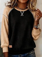 Women's Casual Crew Neck Contrast Waffle Sweatshirt