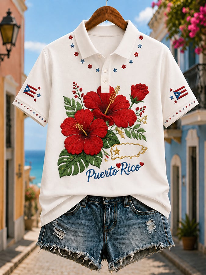 Women's Casual Puerto Rico Print Polo Shirt