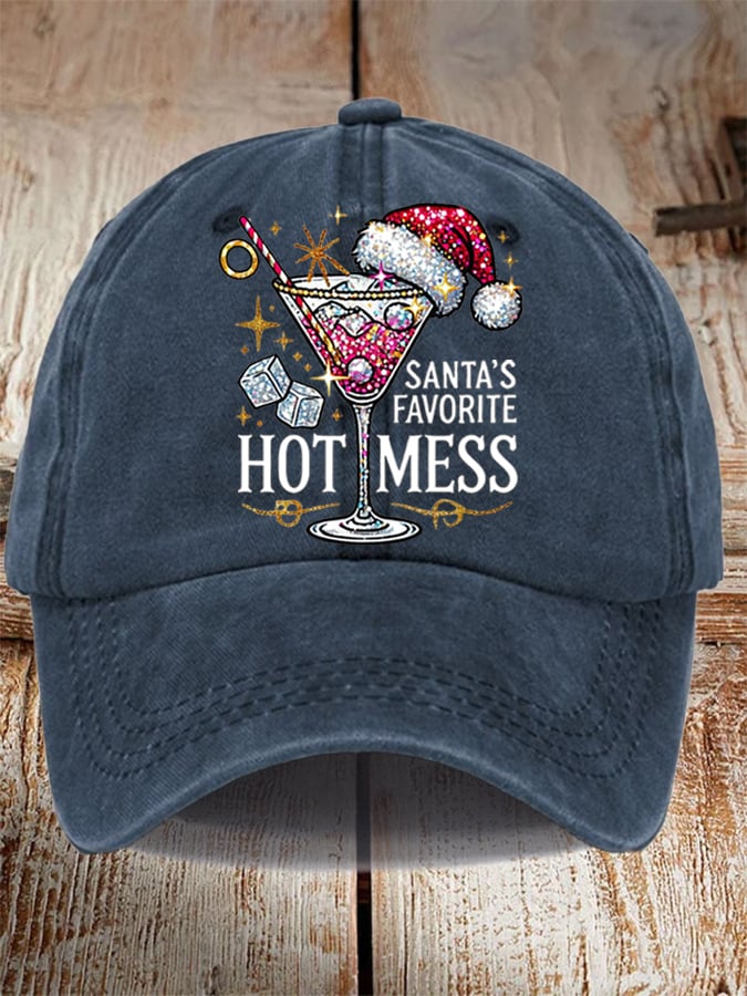Unisex Distressed Washed Cotton Christmas Santa's Favorite Hot Mess Hat
