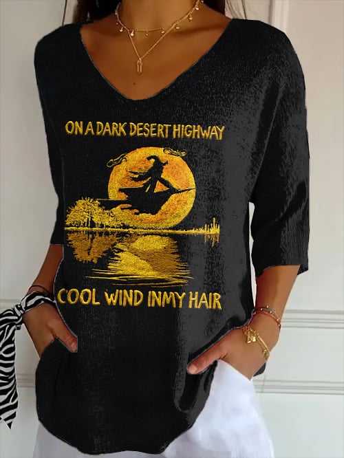 Women's Retro On A Dark Desert Highway Cool Wind In My Hair Print Shirt
