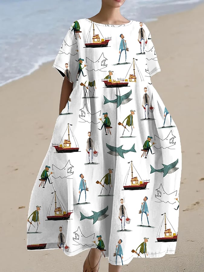 Women's Shark Art Print Short Sleeve Midi Dress