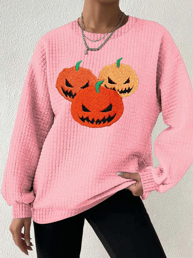 Women's Ghost Face Pumpkin Round Neck Waffle Sweatshirt