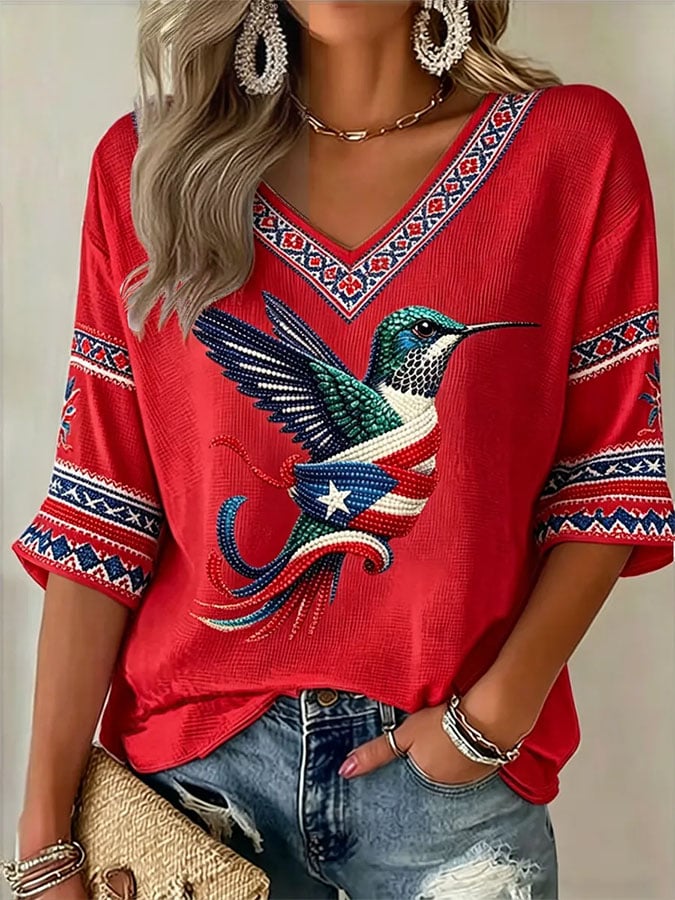 Women's Casual Printed Waffle Top