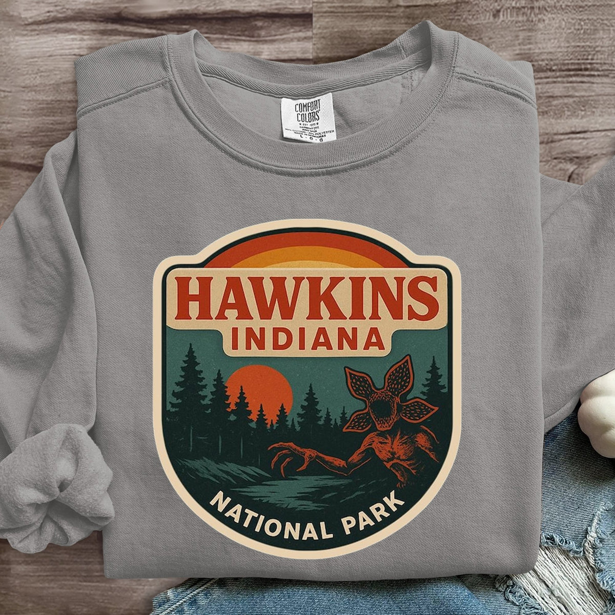 Hawkins Indiana National Park Upside Down 80s Horror Art Print Sweatshirt