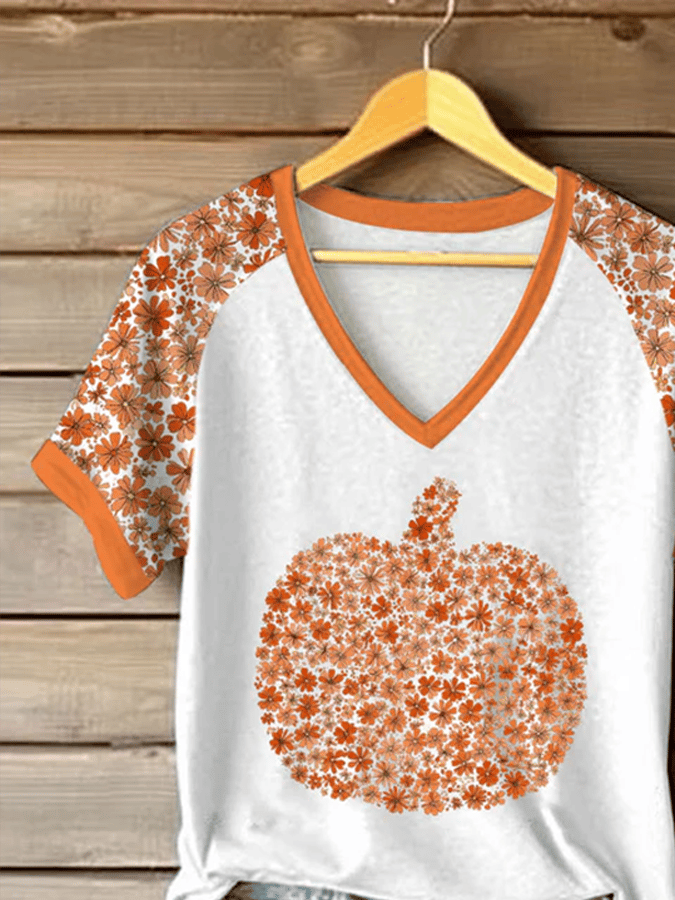 Women's Autumn Gold Pumpkin Print T-Shirt