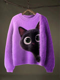 Black Cat Halloween Art Print Thin Sweater