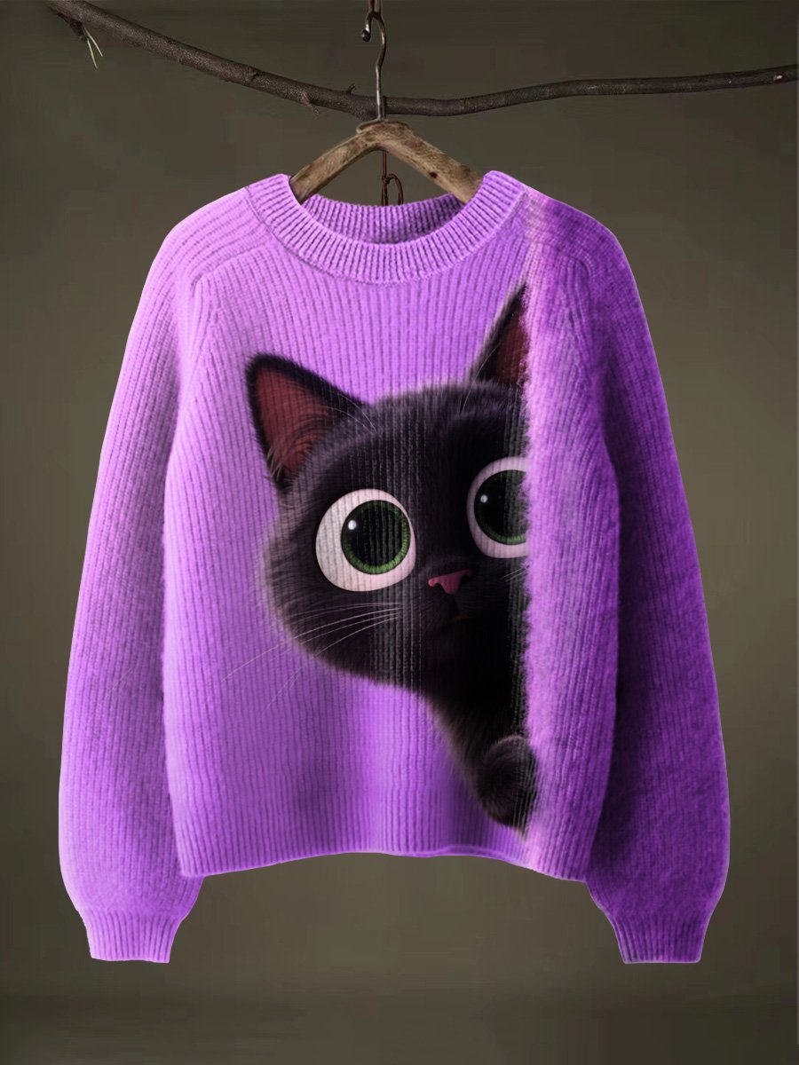 Black Cat Halloween Art Print Thin Sweater