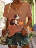 Women'S Fall Maple Leaves, Pumpkins and Cat Print Short-Sleeved T-Shirt