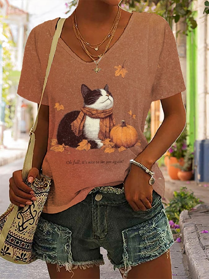 Women'S Fall Maple Leaves, Pumpkins and Cat Print Short-Sleeved T-Shirt