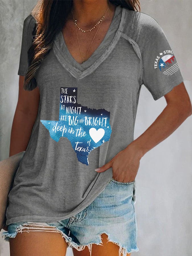 V-Neck Retro Texas Strong The Stars At Night Are Big And Bright Deep In The Heart Of Texas Print T-Shirt