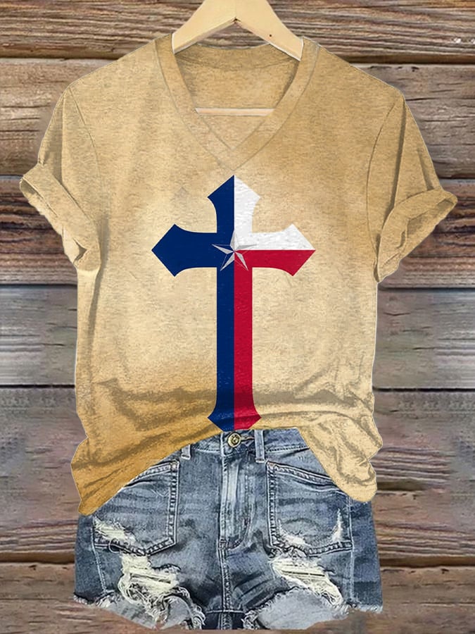 Women's Texas Cross Red White Blue Printed Short-Sleeved T-Shirt