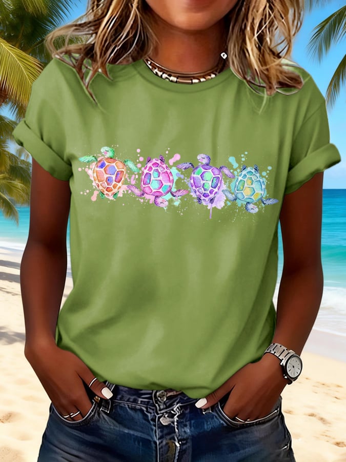 Retro Vacation Watercolor Sea Turtle Print T-Shirt