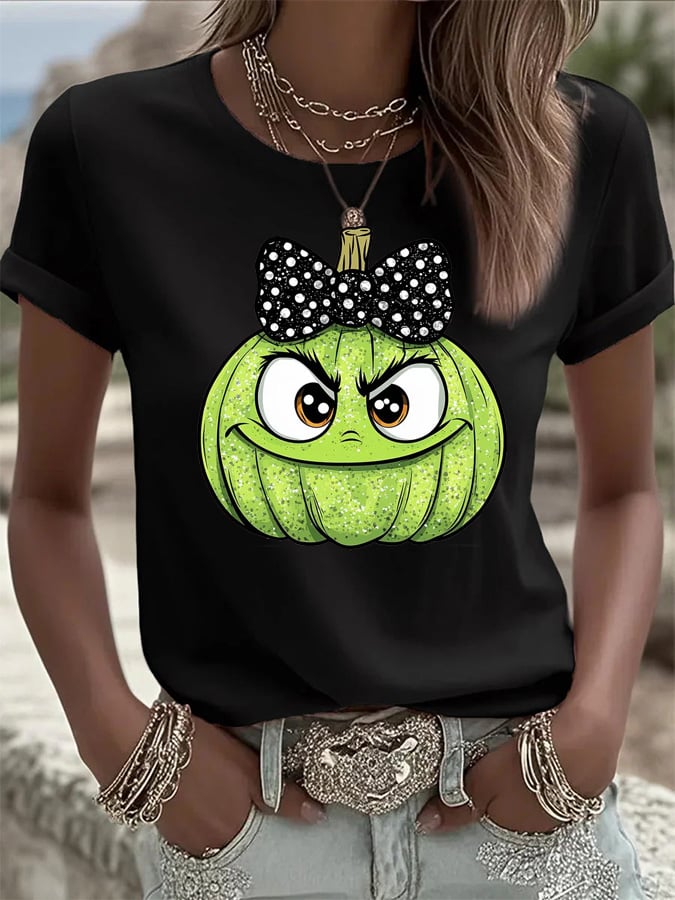 Women's Halloween Pumpkin Face Print Crew Neck T-shirt