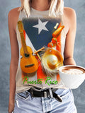 Puerto Rico Violin Straw Hat Colorful Print Casual Vest