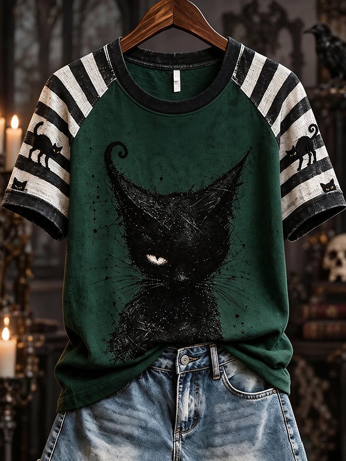 Women's Black Cat Striped Casual T-Shirt