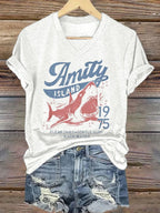 Women's Retro  Amity Island 1975 Clear Skies Gentle Surf Warm Water Print T-Shirt