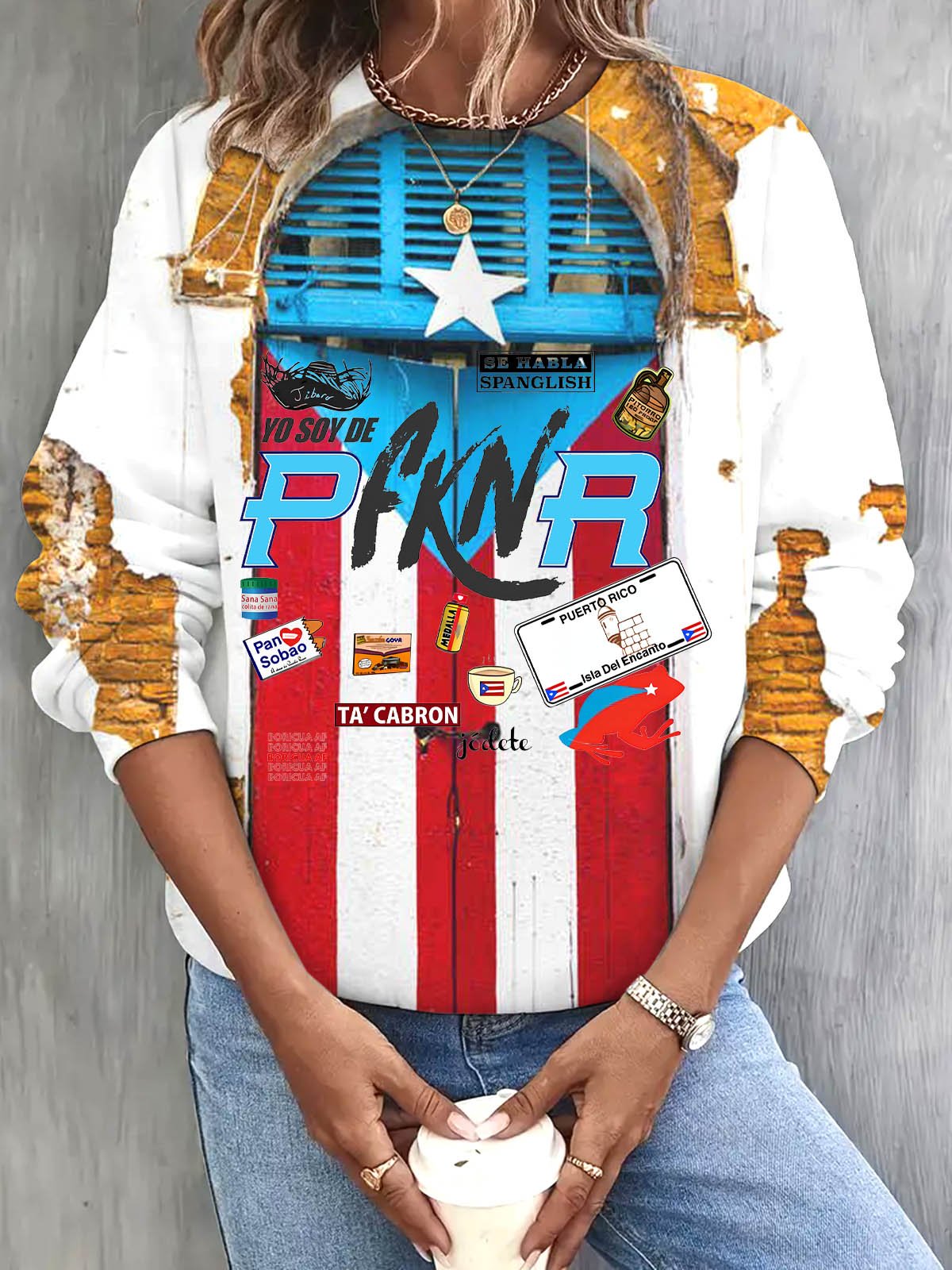 Pfknr Puerto Rico Singer Printed Long Sleeve Casual Top