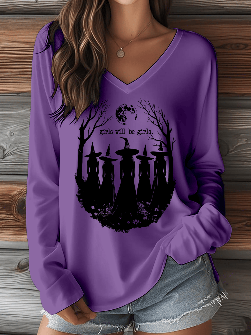 Women's Halloween Girls Will Be Girls. Print V-Neck Long Sleeve T-Shirt