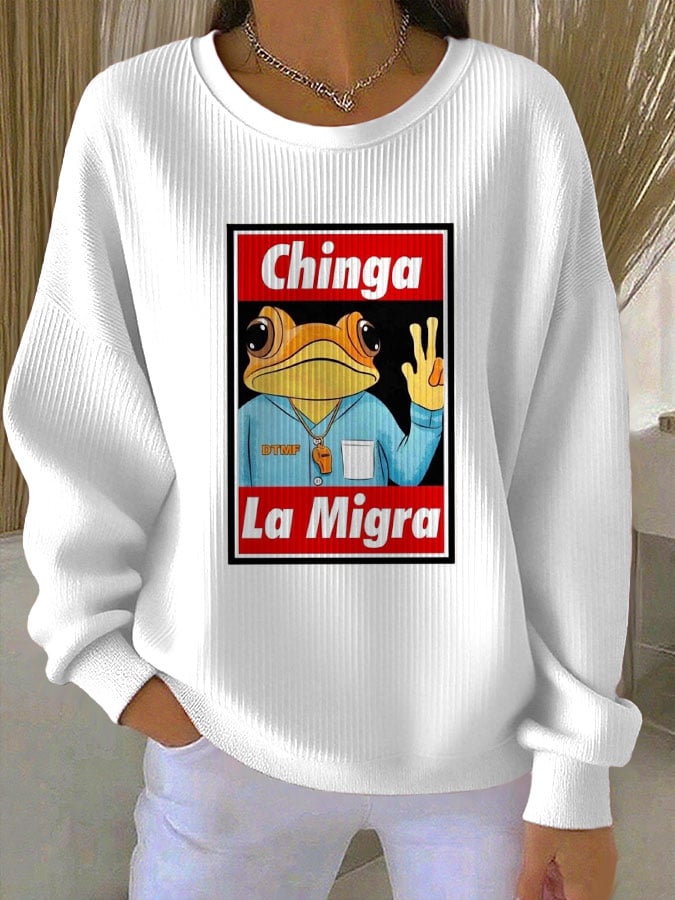 Women's Chinga La Migra Printed Knit Crew Neck Long-Sleeved Top