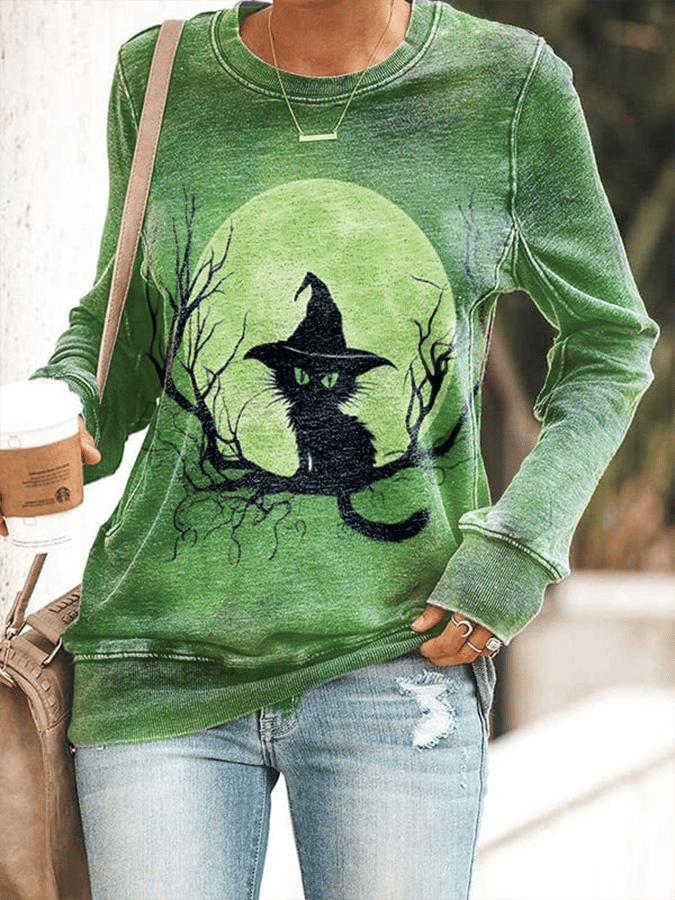 Women's Halloween Printed Crew Neck Sweatshirt