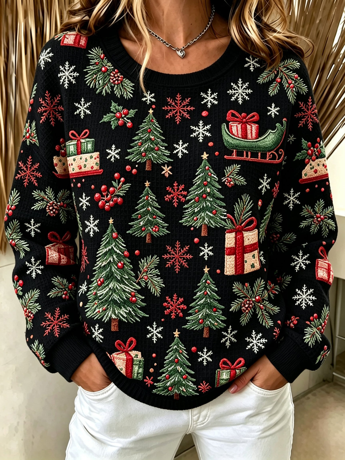 Women's Christmas Print Cozy Waffle Top
