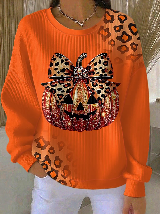 Women's Casual Autumn Leopard Print Pumpkin Texture Sweatshirt