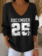 V-Neck Retro Christmas December 25 Print Knitwear Tops
