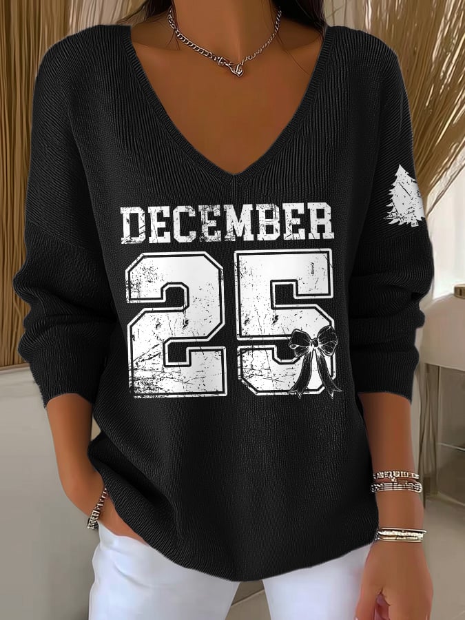 V-Neck Retro Christmas December 25 Print Knitwear Tops