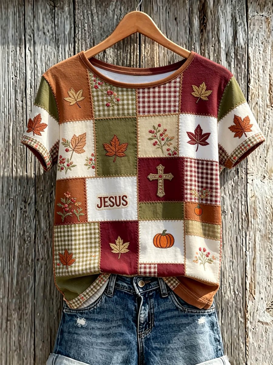 Women's Autumn Patchwork JESUS Print T-Shirt