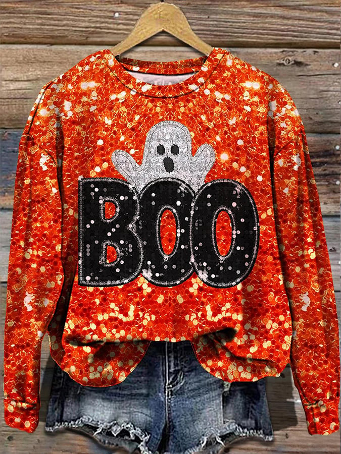 Women's Halloween Ghosts Print Round Neck Sweatshirt