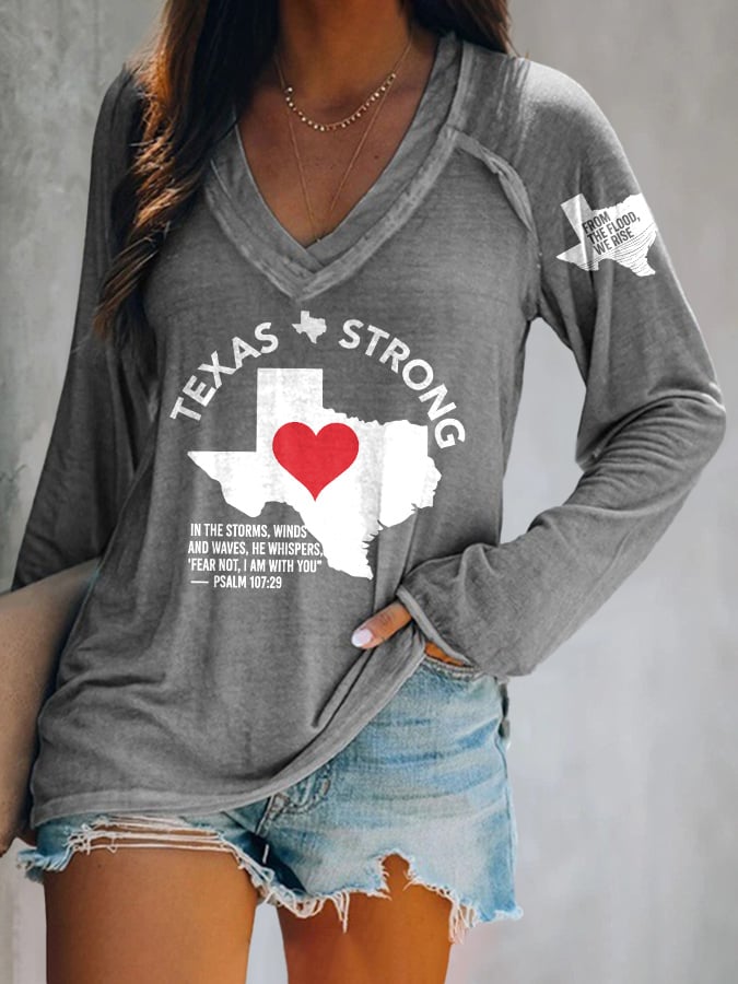 V-neck Retro Texas Strong From The Flood, We Rise Texas Strong In The Storms, Winds And Waves, He Whispers,“Fear Not, I Am With You”— Psalm 107:29 Print T-Shirt