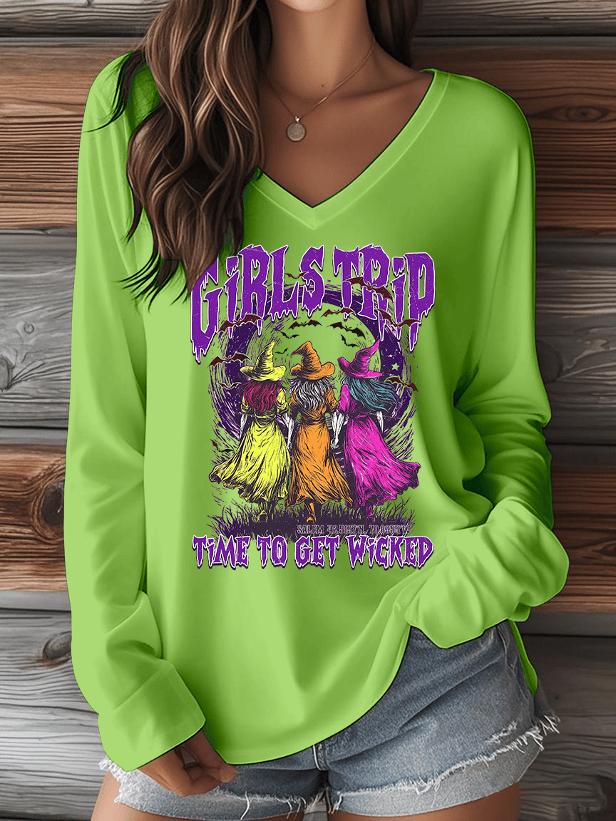 Women's Girls Trip Time To Get Wicked Print V-Neck Long Sleeve T-Shirt