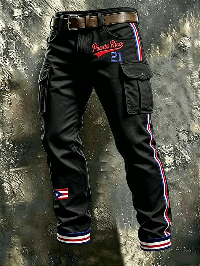Men's Puerto Rico Baseball Printed Multi-Pocket Cargo Casual Pants